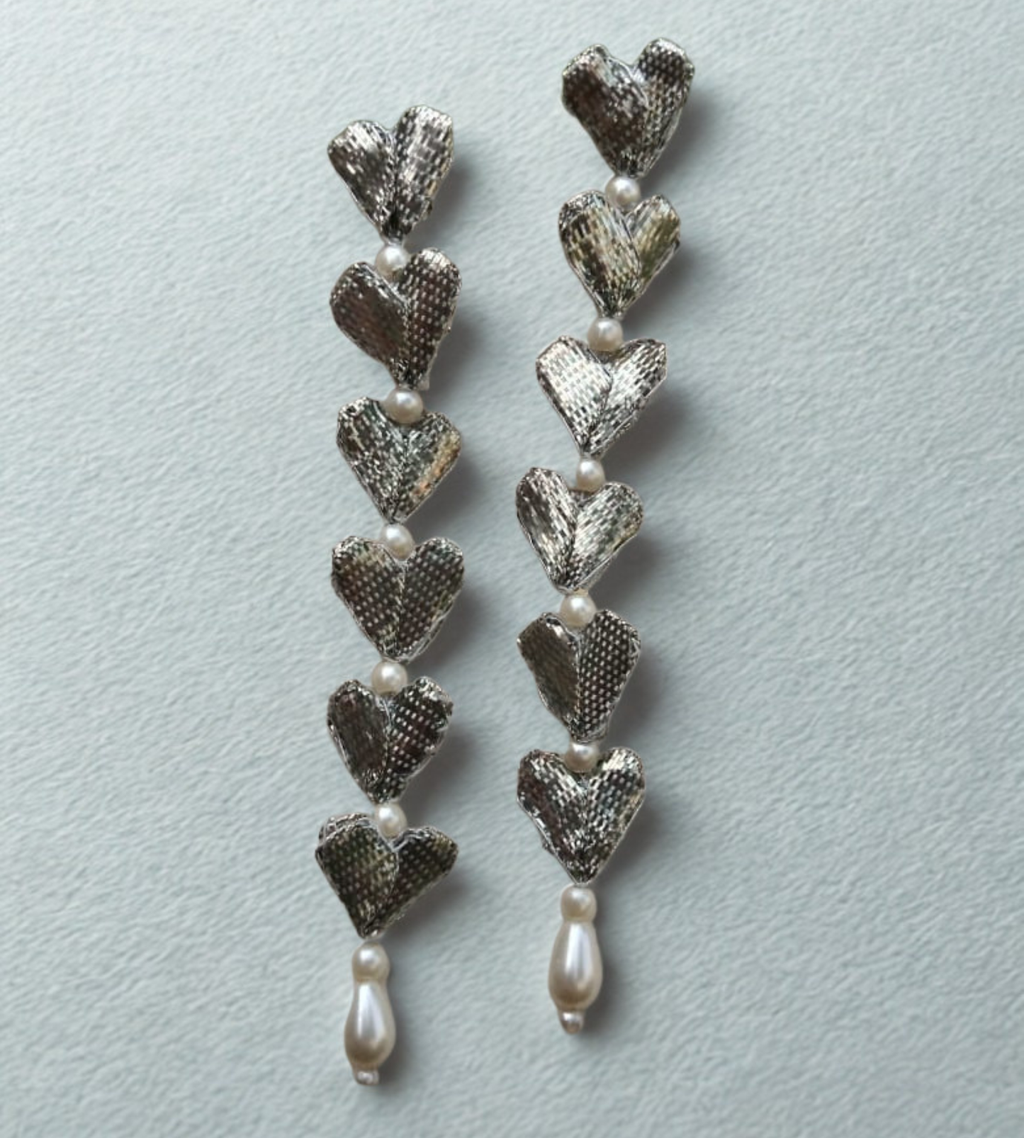 Handmade Silver Metallic Heart Drop Earrings with Pearl Accents