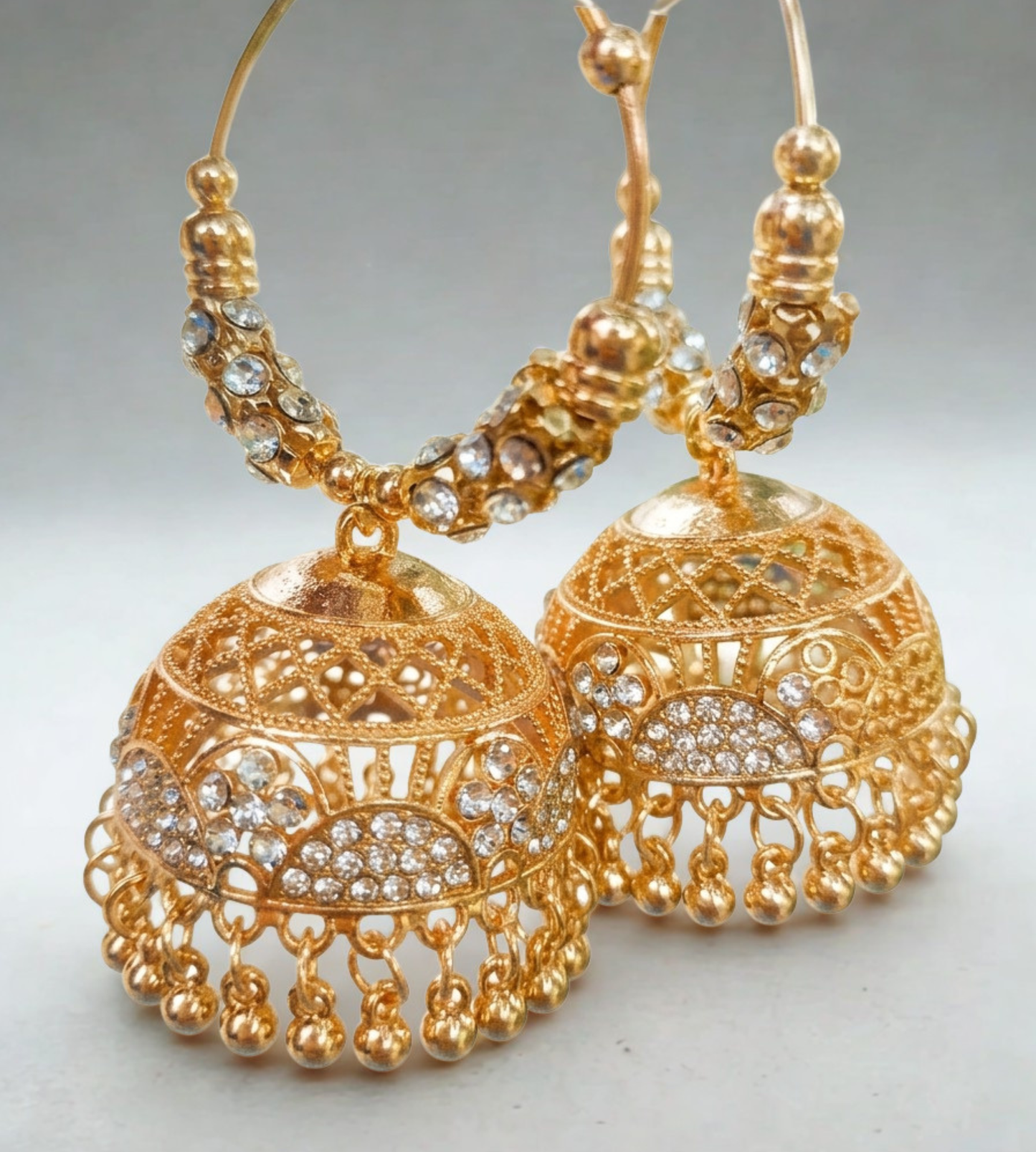 Traditional Golden Dome Jhumkas with Crystal-Encrusted Bali Hoops