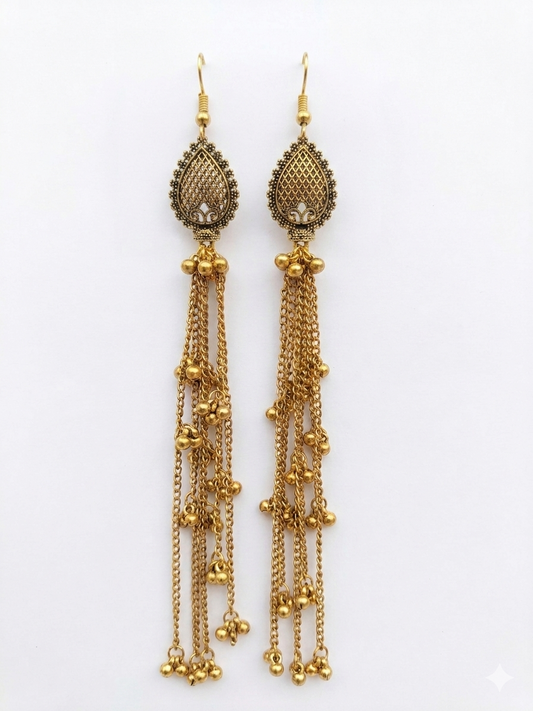 Antique Gold Filigree Tassel Drop Earrings with Beaded Chain Cascades