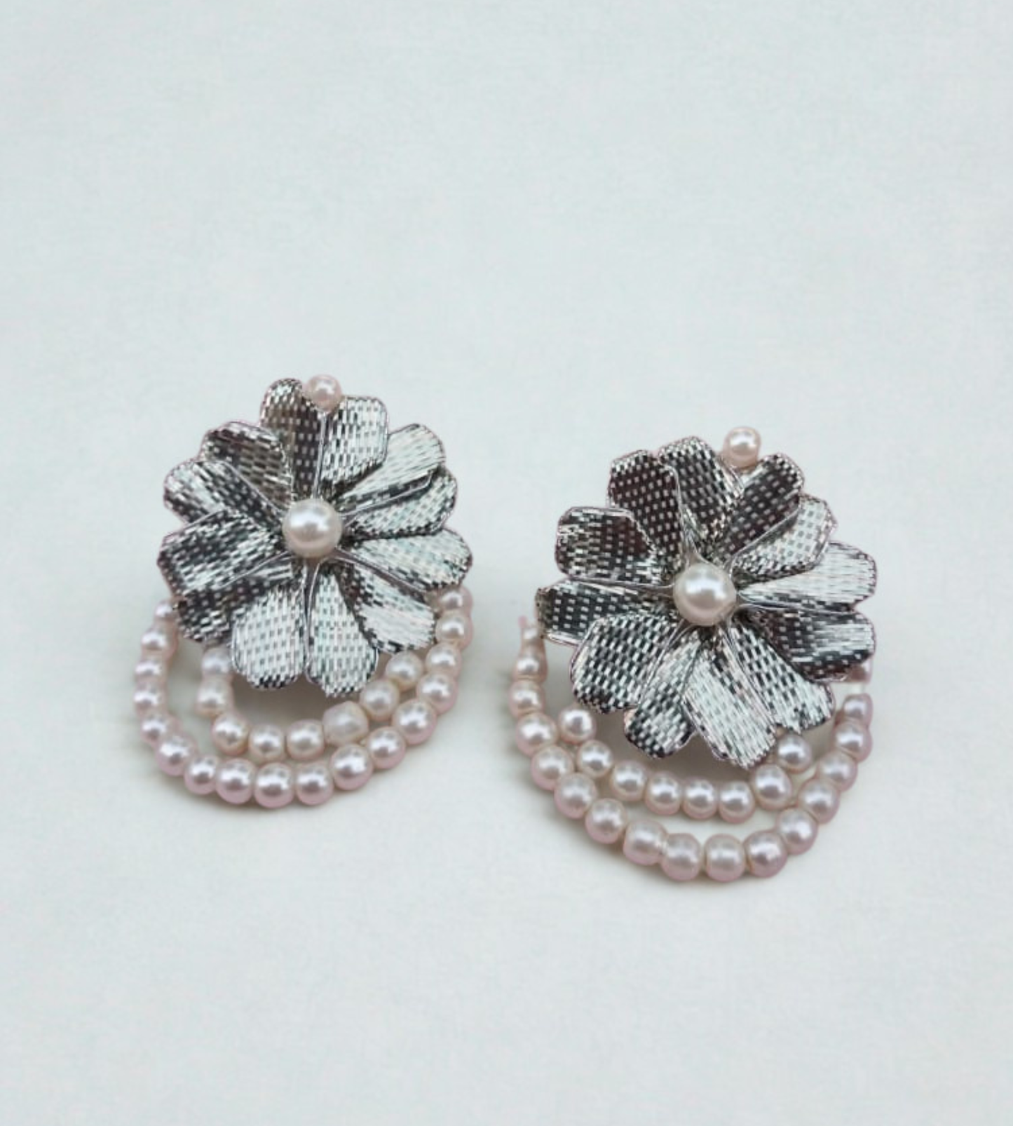 Handmade Vintage Silver Fabric Flower and Pink Pearl Earrings