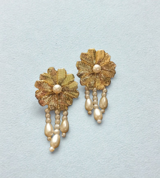 Handcrafted Golden Radiance Floral Pearl Tassel Earrings