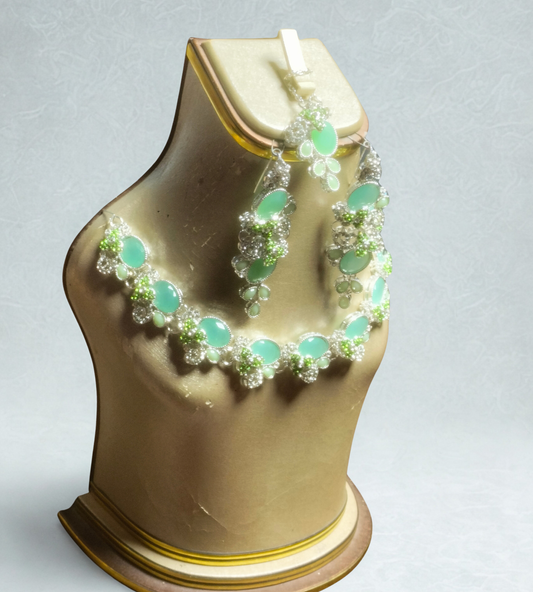 Elegant Mint Green Oval Stone Necklace Set with Matching Dangling Earrings | Handcrafted Festive Jewelry Set