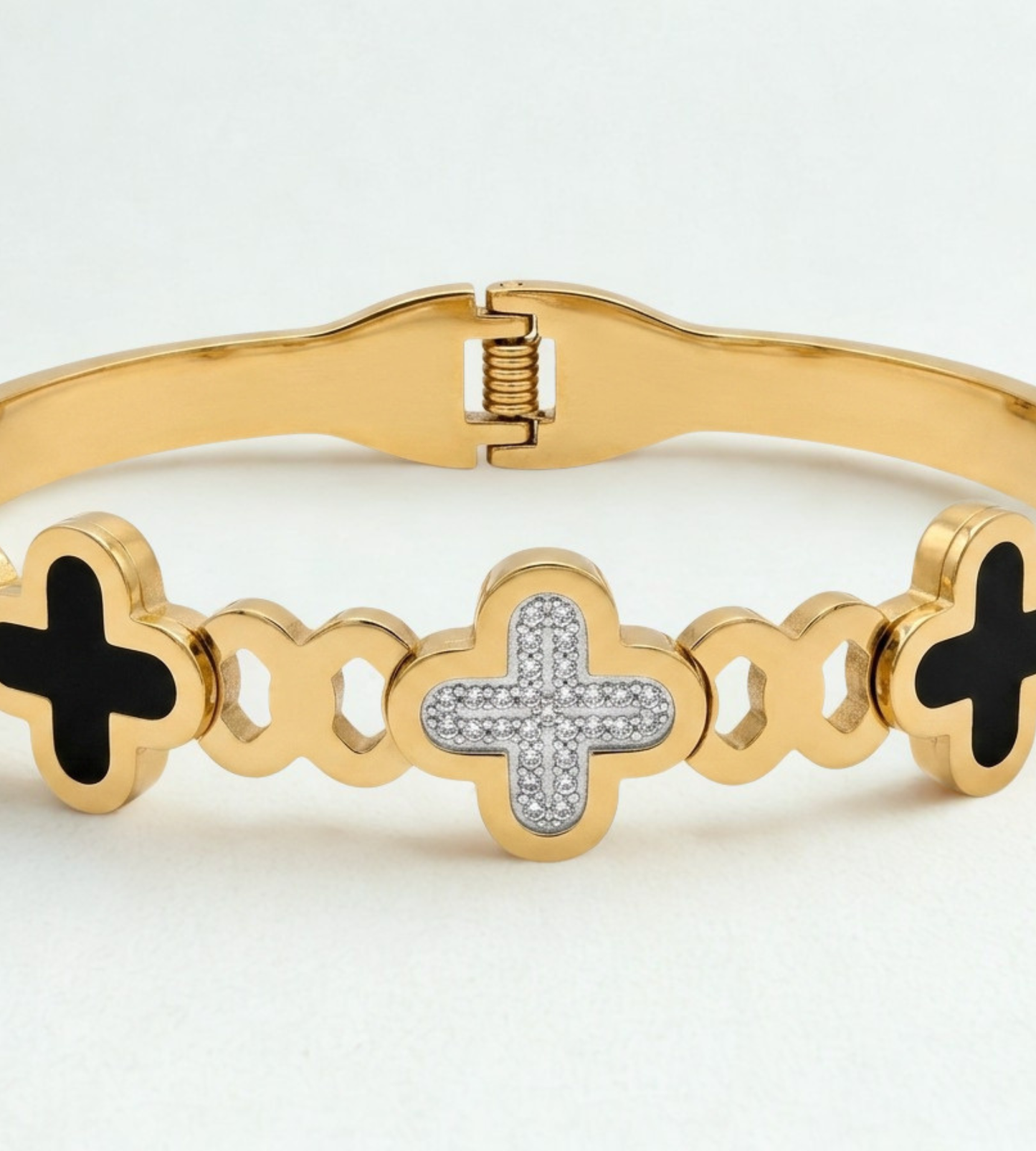Vintage-Inspired Golden Cross-Clover Cuff with Pave and Onyx-Style Inlays