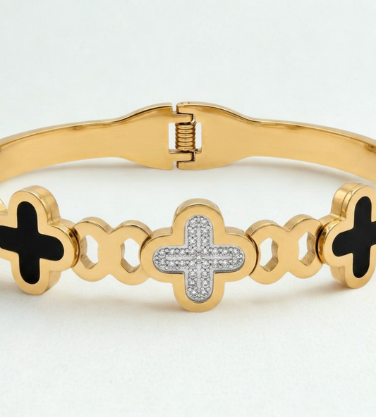 Vintage-Inspired Golden Cross-Clover Cuff with Pave and Onyx-Style Inlays