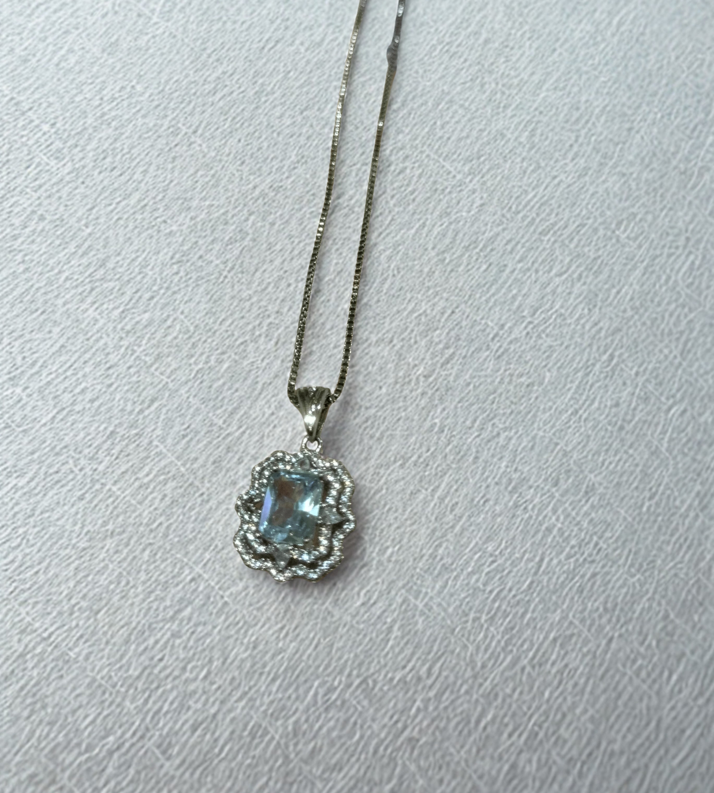 Vintage-Inspired Ice Blue Crystal Pendant on Silver Venetian Box Chain