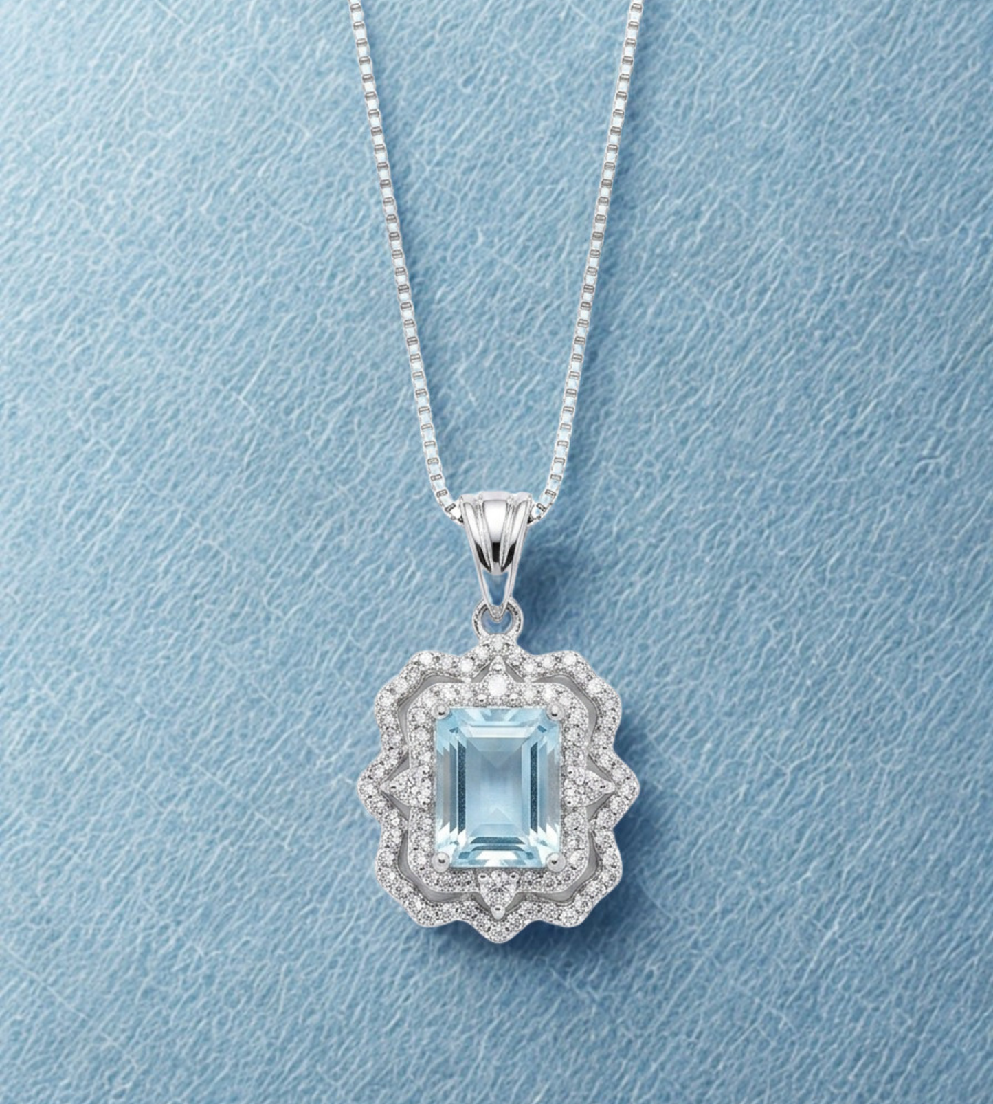 Vintage-Inspired Ice Blue Crystal Pendant on Silver Venetian Box Chain