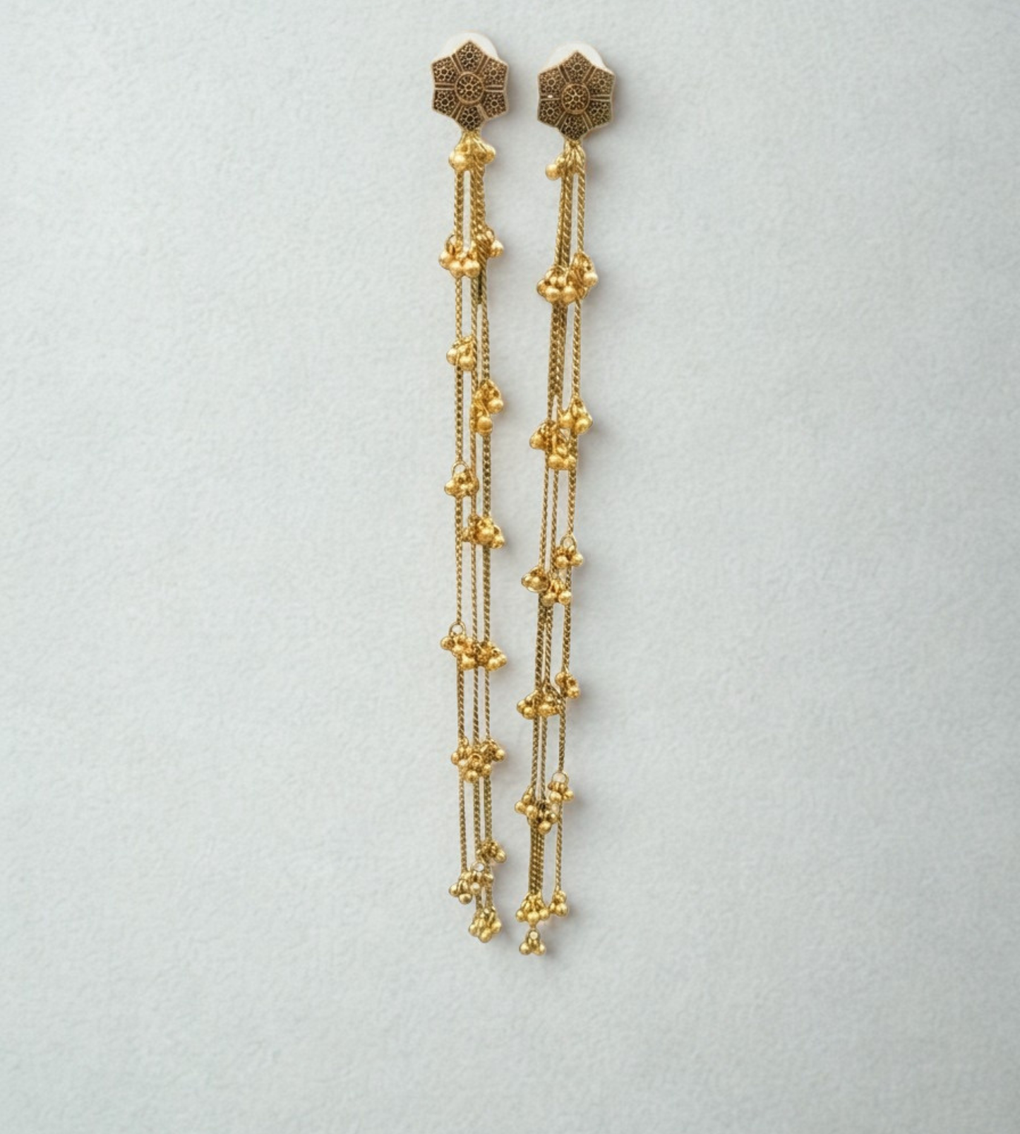 Vintage Hexagonal Filigree & Ghungroo Waterfall Drop Earrings